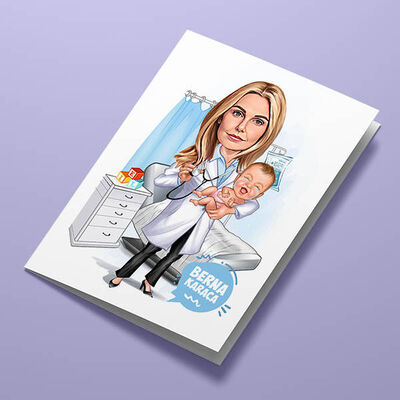 Çocuk Doktoru Kadın Karikatürlü Tebrik Kartı - 1