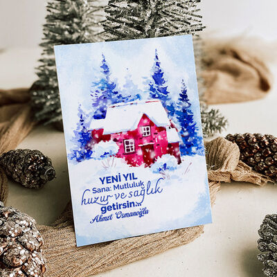 Dağ Evi Yılbaşı Temalı Kişiye Özel Kartpostal - 2