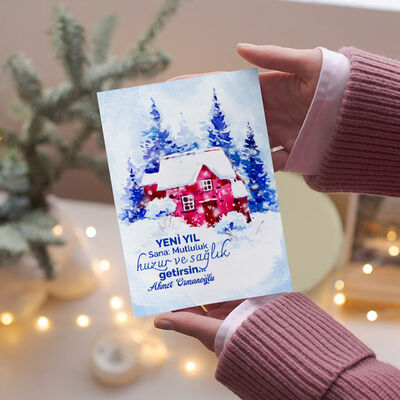 Dağ Evi Yılbaşı Temalı Kişiye Özel Kartpostal - 1