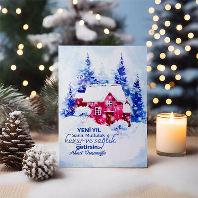 Dağ Evi Yılbaşı Temalı Kişiye Özel Kartpostal - 4