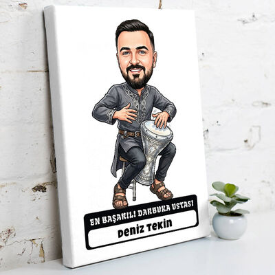 Darbuka Ustası Müzisyen Erkek Karikatürlü Kanvas Tablo - 1