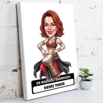 Darbukacı Kadın Karikatürlü Kanvas Tablo - 1