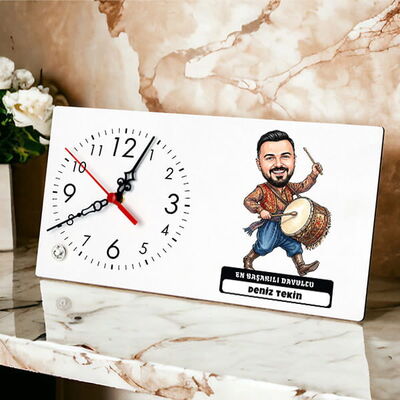 Davulcu Müzisyen Erkek Karikatürlü Masa Saati - 1