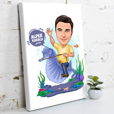 Deniz Atındaki Erkek Karikatürlü Kanvas Tablo - 1