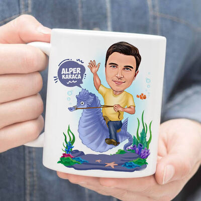 Deniz Atındaki Erkek Karikatürlü Kupa Bardak - 1