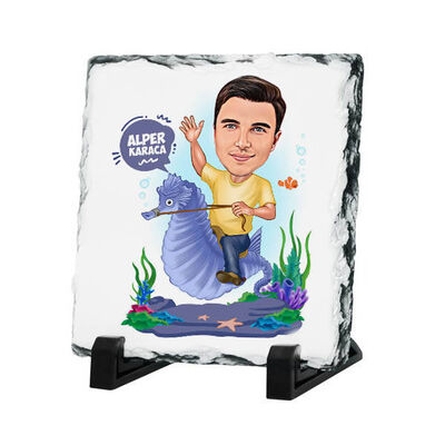 Deniz Atındaki Erkek Karikatürlü Taş Baskı - 1