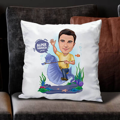 Deniz Atındaki Erkek Karikatürlü Yastık - 1