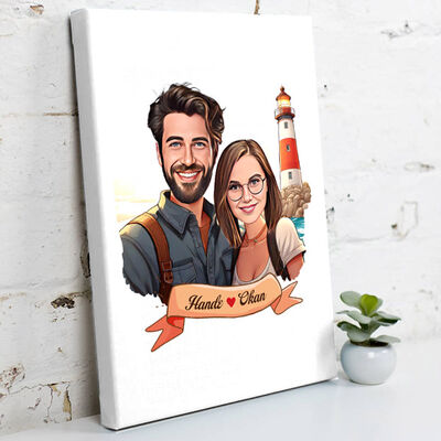 Deniz Feneri ve Aşkımız Karikatürlü Kanvas - 1