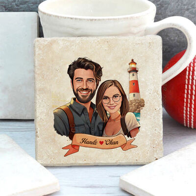Deniz Feneri ve Aşkımız Karikatürlü Taş Bardak Altlığı - 2