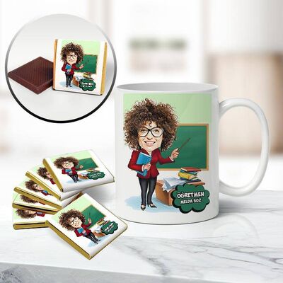 Ders Anlatan Öğretmen Karikatürlü Kupa ve Çikolata - 1