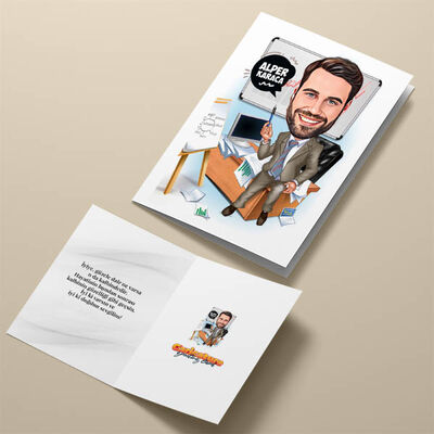 Ders Anlatan Öğretmen Karikatürlü Tebrik Kartı - 4