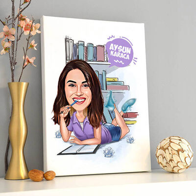 Ders Çalışan Kız Karikatürlü Kanvas Tablo - 1