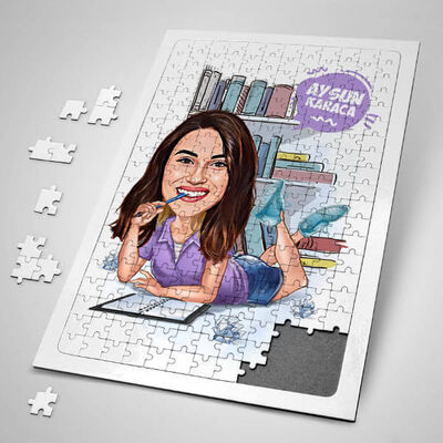 Ders Çalışan Kız Karikatürlü Puzzle - 1