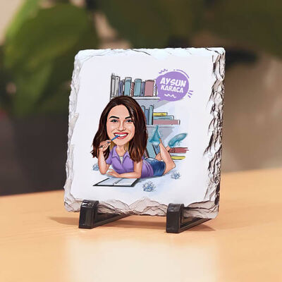 Ders Çalışan Kız Karikatürlü Taş Baskı - 1
