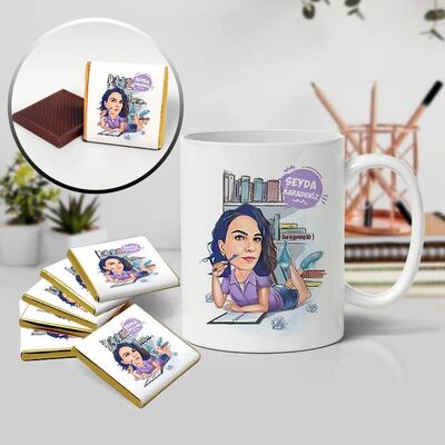 Ders Yapan Kadın Karikatürlü Kupa ve Çikolata - 1