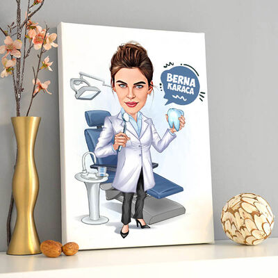 Diş Hekimi Kadın Karikatürlü Tablo - 1