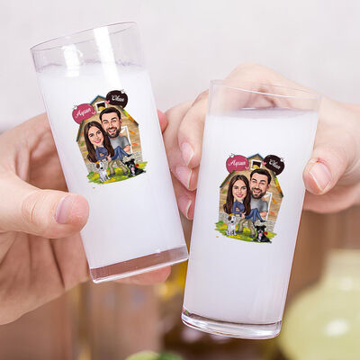 Doğaya Aşık Çift Karikatürlü İkili Rakı Bardağı Seti - 2