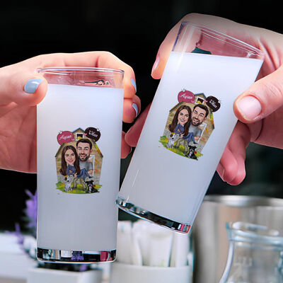 Doğaya Aşık Çift Karikatürlü İkili Rakı Bardağı Seti - 1