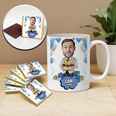 Doğum Günü Erkeği Karikatürlü Kupa ve Çikolata - 1