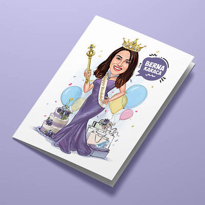 Doğum Günü Kraliçesi Karikatürlü Tebrik Kartı - 1