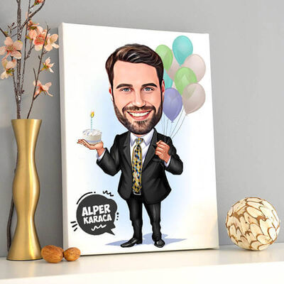 Doğum Günü Kutlayan Erkek Karikatürlü Kanvas Tablo - 1