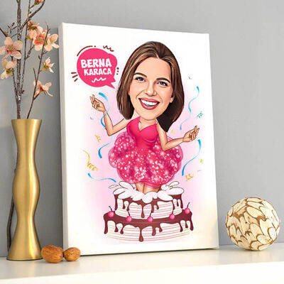 Doğum Günü Kutlayan Kadın Karikatürlü Tablo - 1