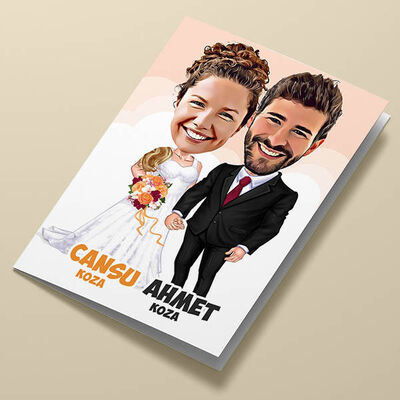 Düğündeki Damat ve Gelin Karikatürlü Tebrik Kartı - 1