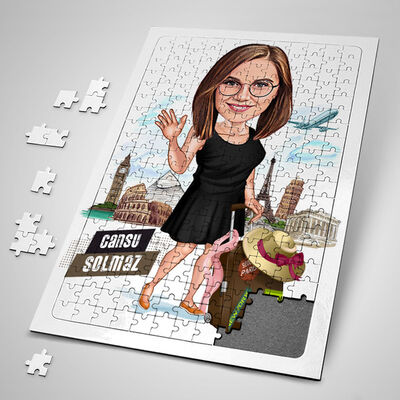 Dünyayı Gezen Kadın Karikatürlü Puzzle - 1