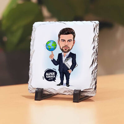 Dünyayı Parmağında Oynatan Erkek Karikatürlü Taş Baskı - 1