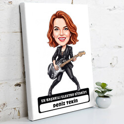 Elektro Gitarist Müzisyen Kadın Karikatürlü Kanvas Tablo