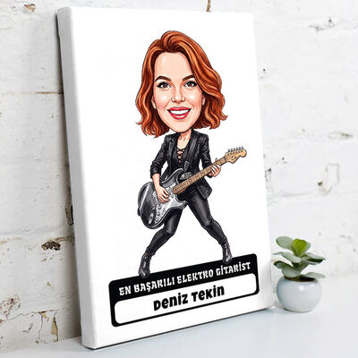 Elektro Gitarist Müzisyen Kadın Karikatürlü Kanvas Tablo - 1