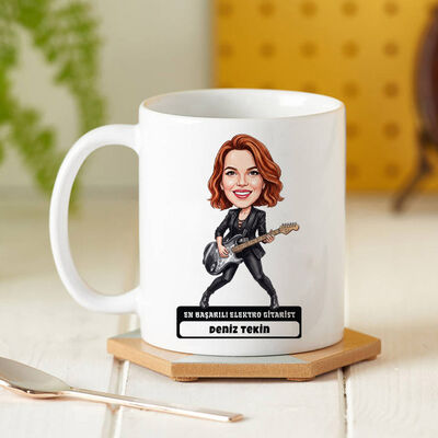 Elektro Gitarist Müzisyen Kadın Karikatürlü Kupa Bardak - 1