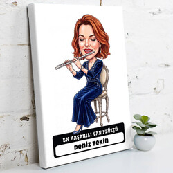 En Başarılı Flütçü Müzisyen Kadın Karikatürlü Kanvas Tablo