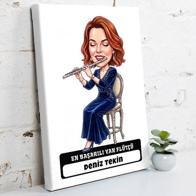 En Başarılı Flütçü Müzisyen Kadın Karikatürlü Kanvas Tablo - 1