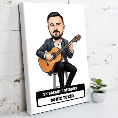 En Başarılı Gitarist Müzisyen Erkek Karikatürlü Kanvas Tablo - 1