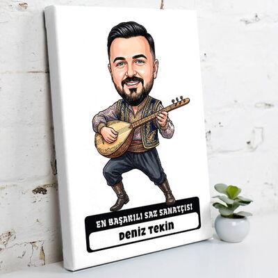 En Başarılı Saz Sanatçısı Müzisyen Erkek Karikatürlü Kanvas Tablo - 1