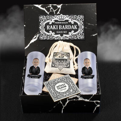 Erkeğe Karikatürlü Tasarım Rakı Bardağı Seti Hediye Kutusu - 1