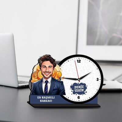 Erkek Bankacı Karikatürlü MDF Masa Saati - 1