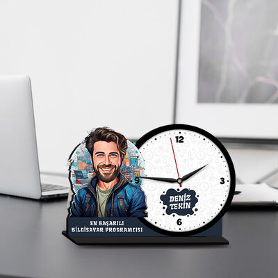 Erkek Bilgisayar Programcısı Karikatürlü MDF Masa Saati - 1