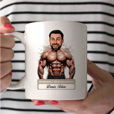 Erkek Bodybuilder Karikatürlü ve İsimli Kupa Bardak - 2