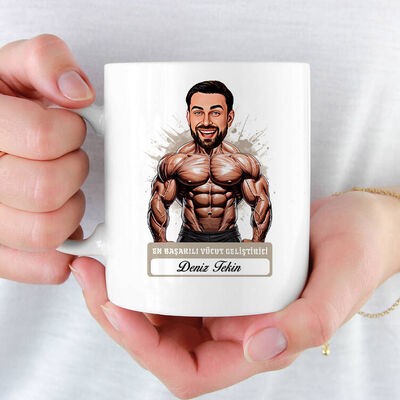 Erkek Bodybuilder Karikatürlü ve İsimli Kupa Bardak - 1