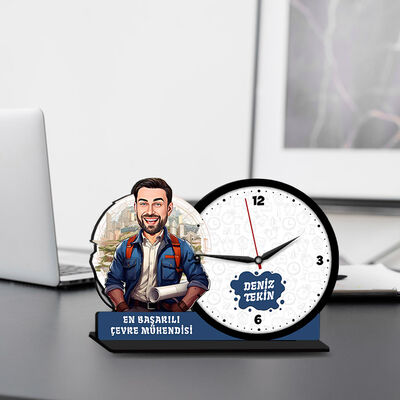 Erkek Çevre Mühendisi Karikatürlü MDF Masa Saati - 1