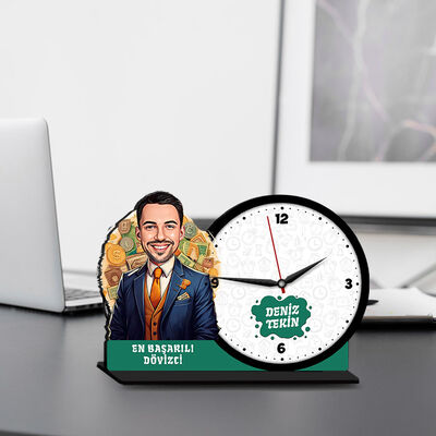Erkek Dövizci Karikatürlü MDF Masa Saati - 1