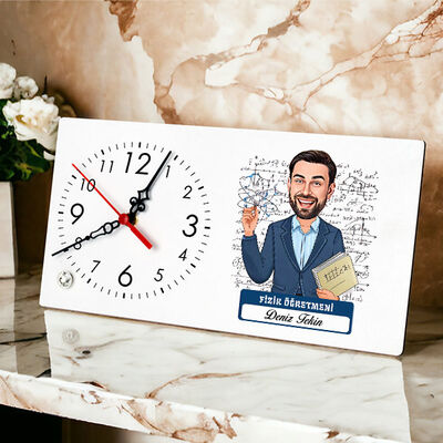 Erkek Fizik Öğretmeni Karikatürlü Masa Saati - 1