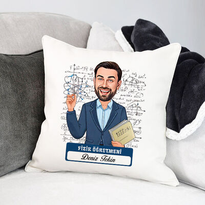 Erkek Fizik Öğretmeni Karikatürlü Yastık - 1