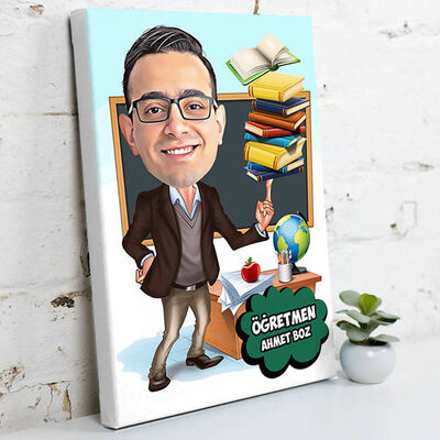 Erkek Öğretmen Karikatürlü Kanvas Tablo - 1