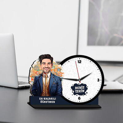 Erkek Öğretmen Karikatürlü MDF Masa Saati - 1