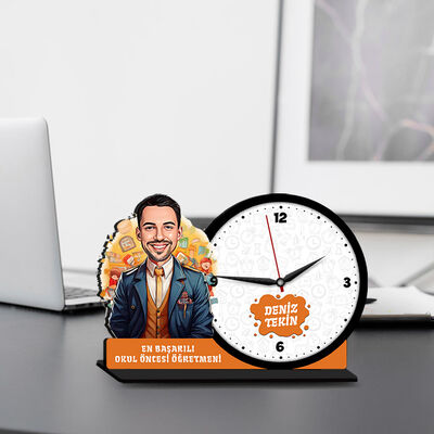 Erkek Okul Öncesi Öğretmeni Karikatürlü MDF Masa Saati - 1