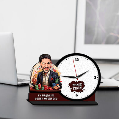 Erkek Poker Oyuncusu Karikatürlü MDF Masa Saati - 1