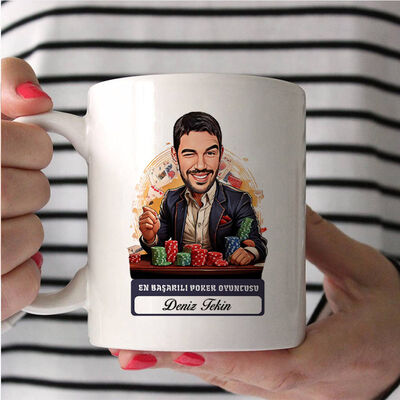 Erkek Poker Oyuncusu Karikatürlü ve İsimli Kupa Bardak - 2